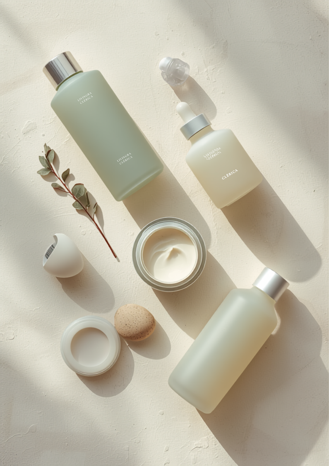 Editorial flatlay of Korean skincare bottles in soft neutral tones