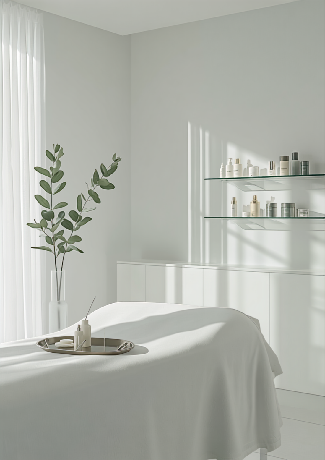 Tranquil clinical dermatology treatment room with sage accents