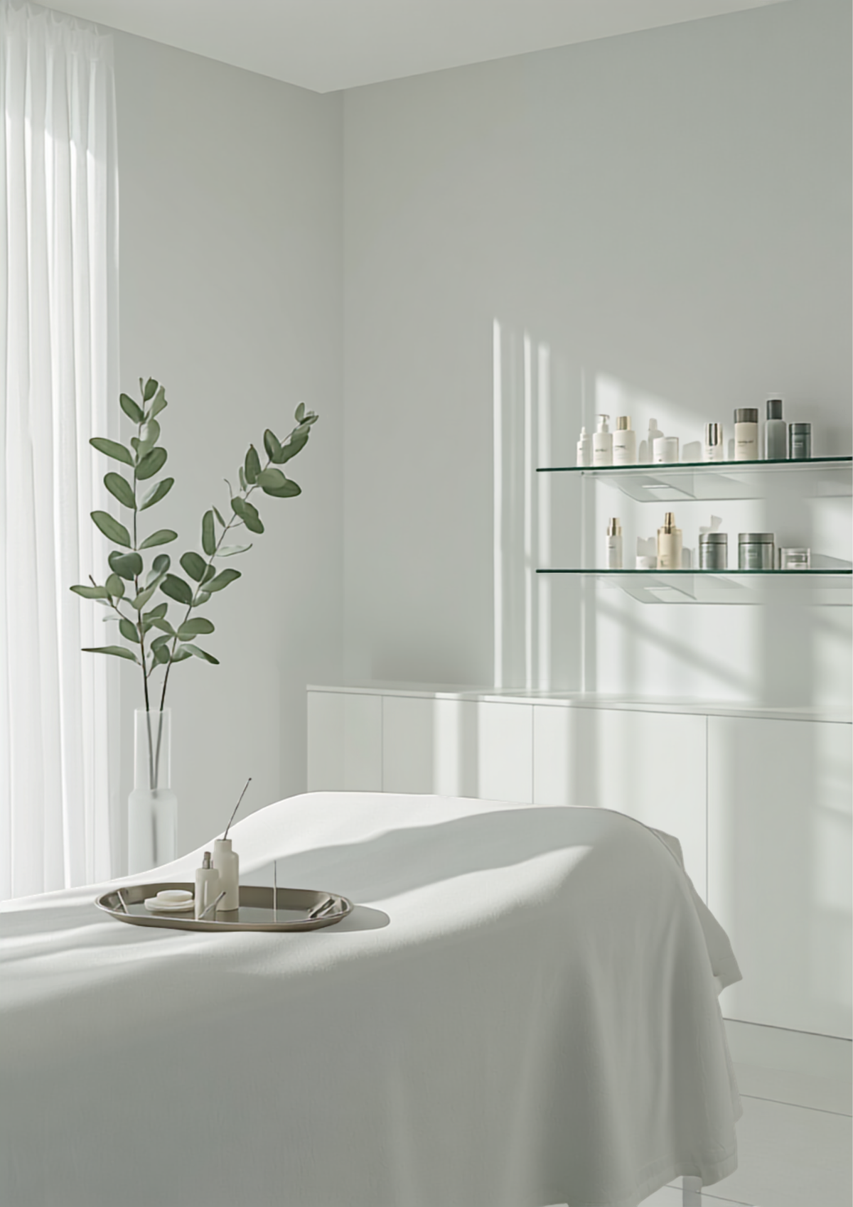 Tranquil clinical dermatology treatment room with sage accents