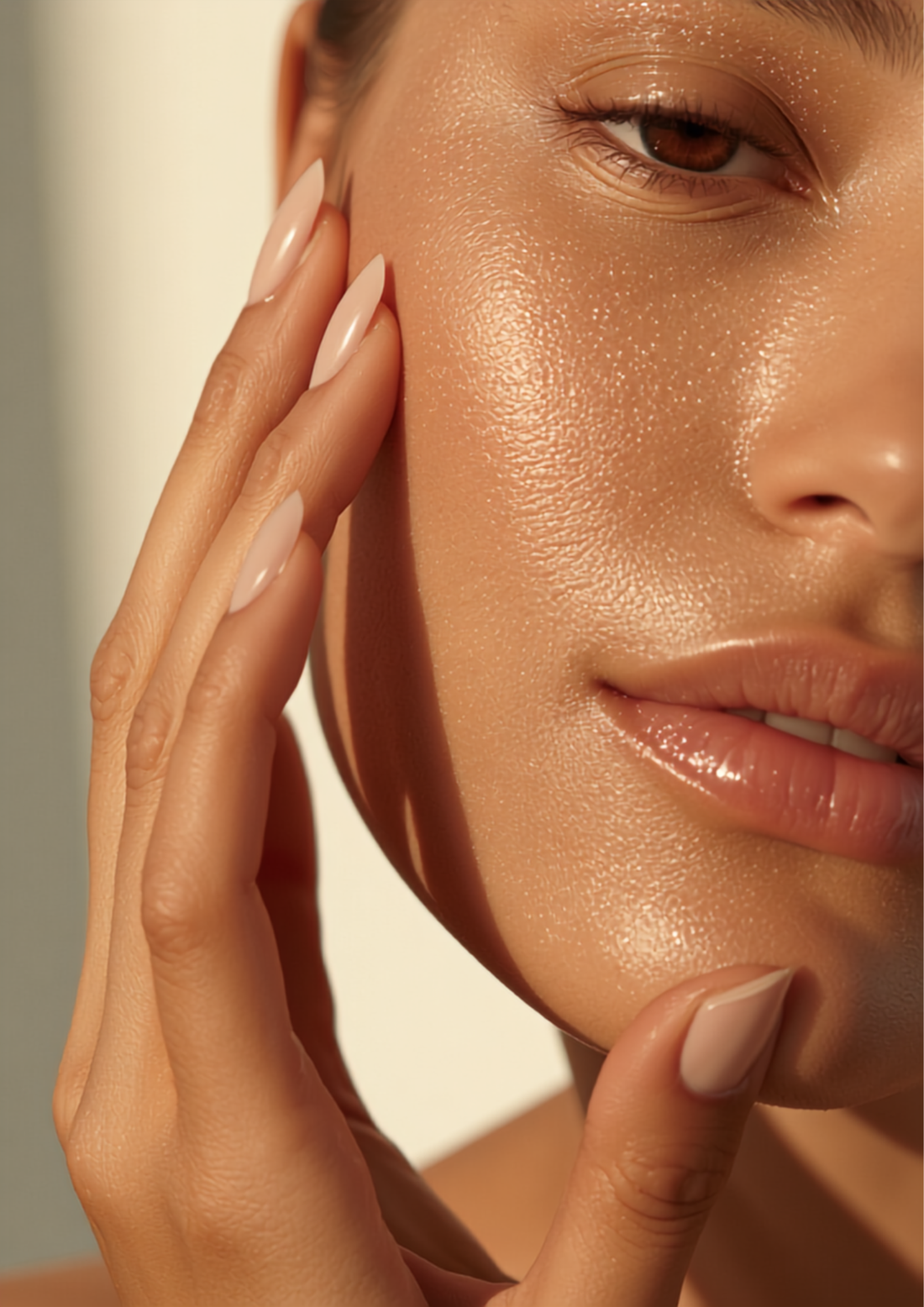 Close-up of hand applying hydrating essence to glowing skin