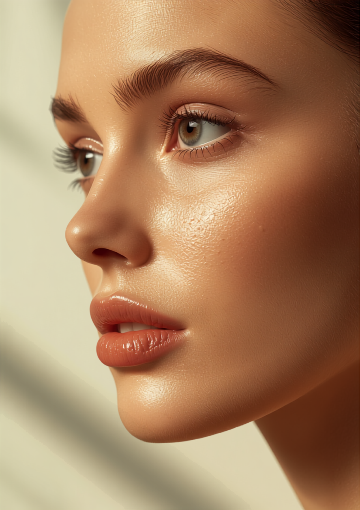 Editorial close-up of glowing, dewy skin representing a Korean skincare anti-aging routine