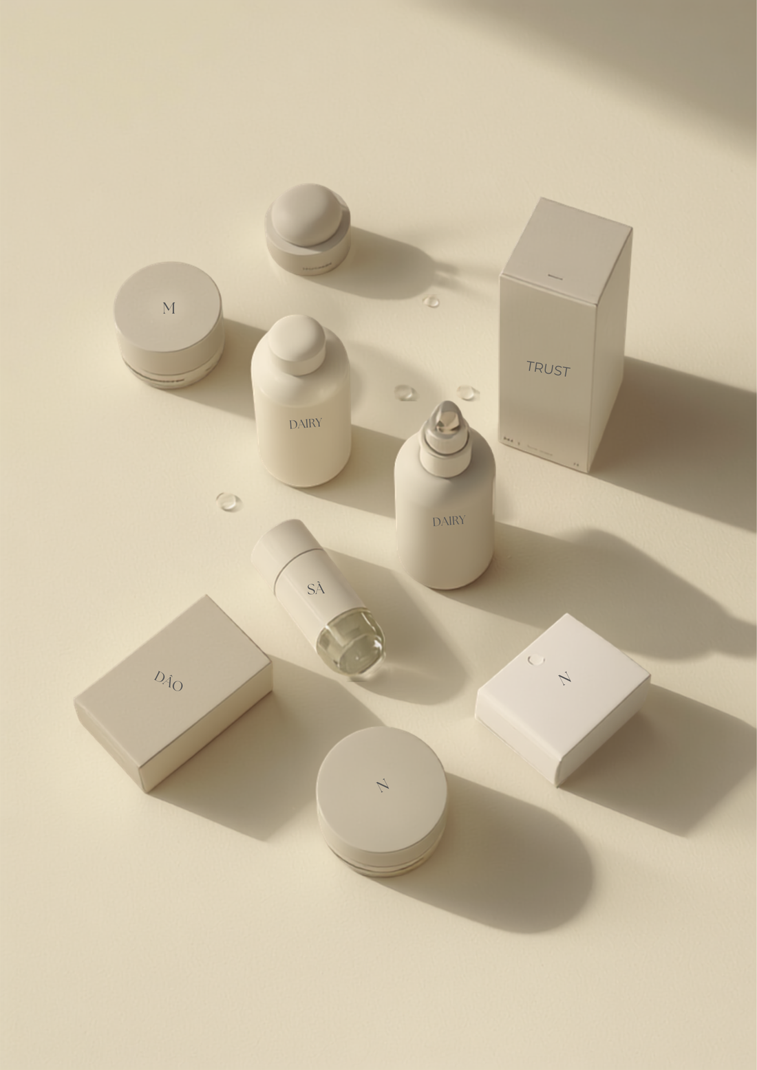 Editorial arrangement of authentic sealed skincare packaging and bottles