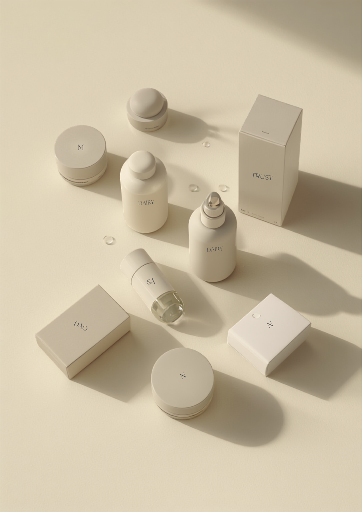 Editorial arrangement of authentic sealed skincare packaging and bottles