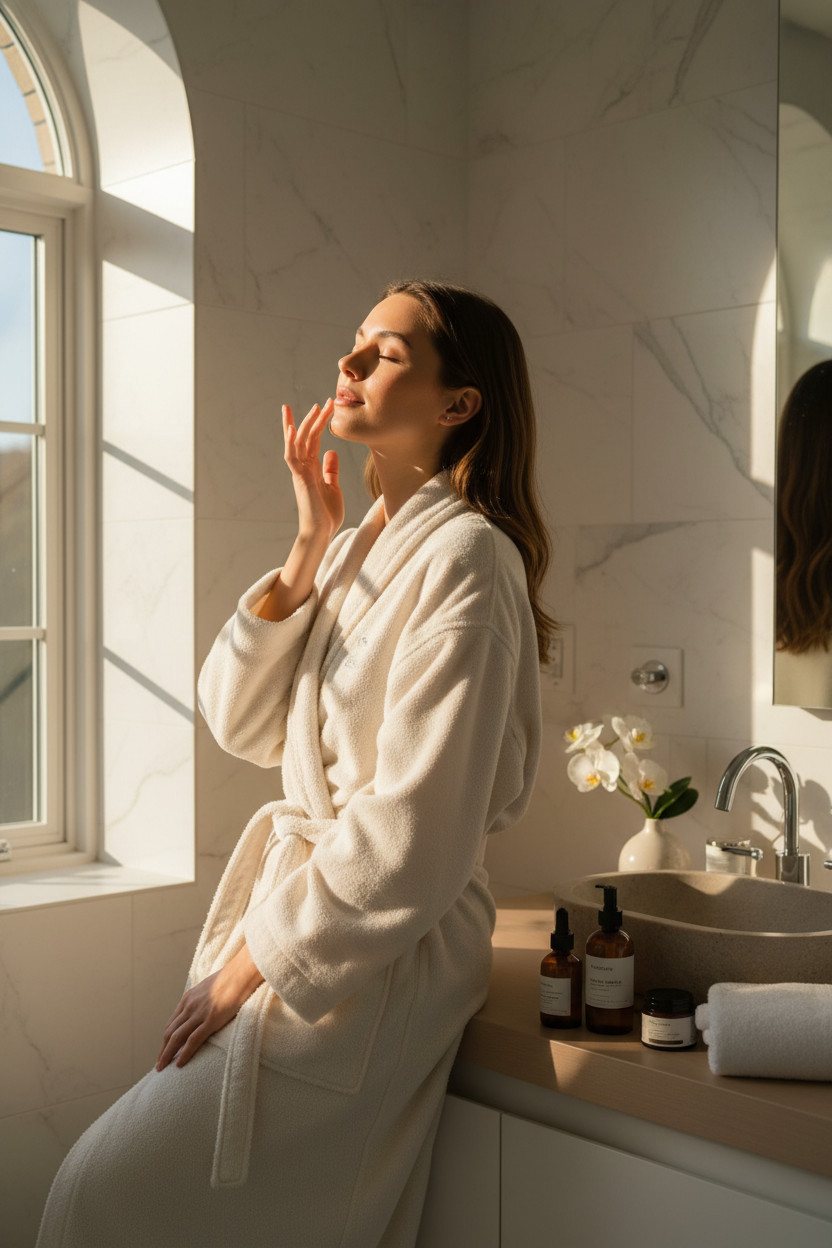 woman doing morning skincare routine