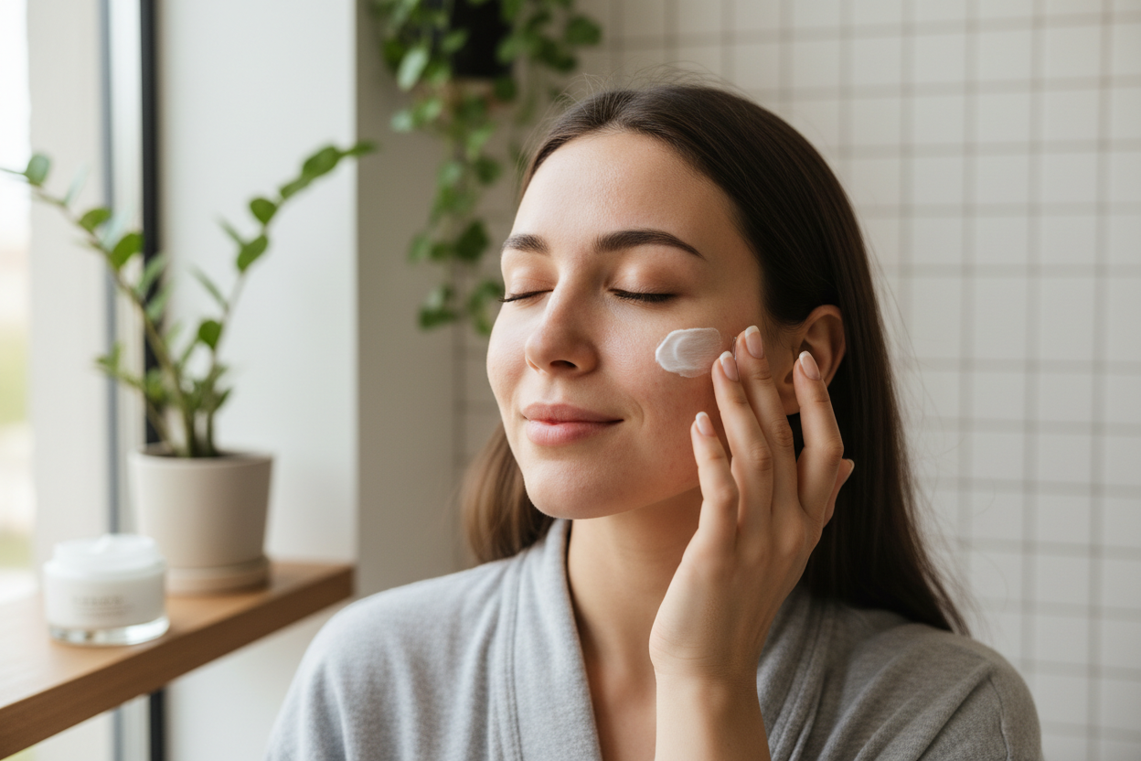 woman with acne applying sunscreen