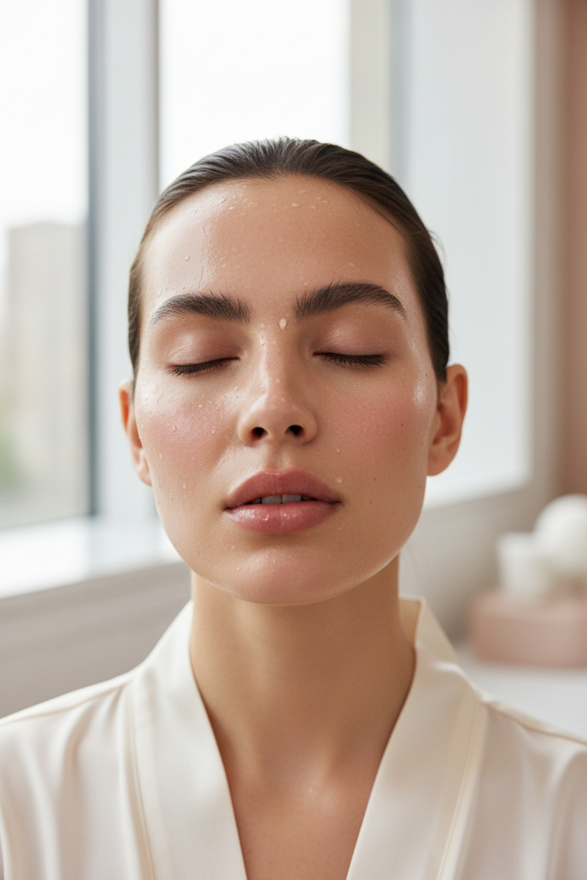 woman calming sensitive skin with korean skin care