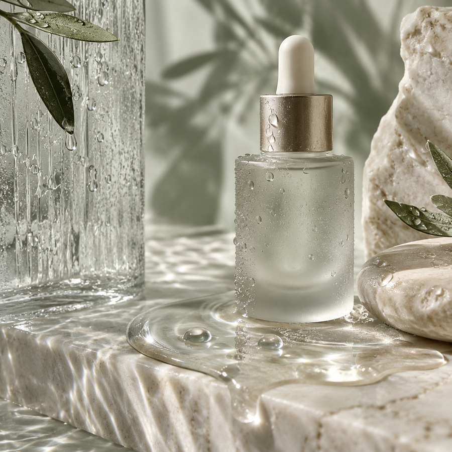Hydrating serum and water droplets