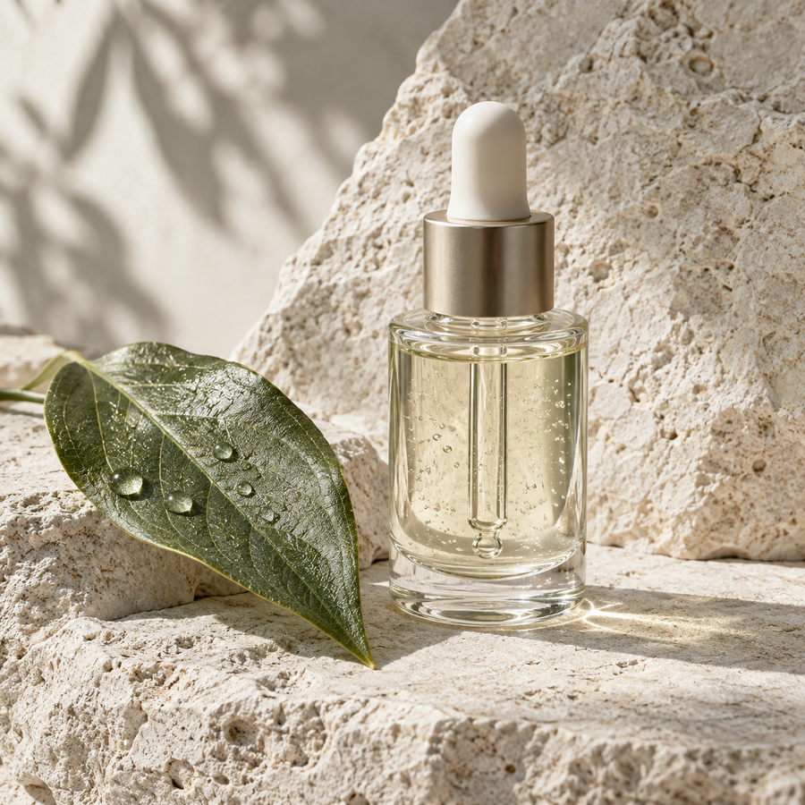 Clear serum and green leaf on stone